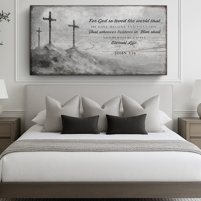 John 3:16 Three Crosses Grey Sign canvas shown in a styled room setting, view 4