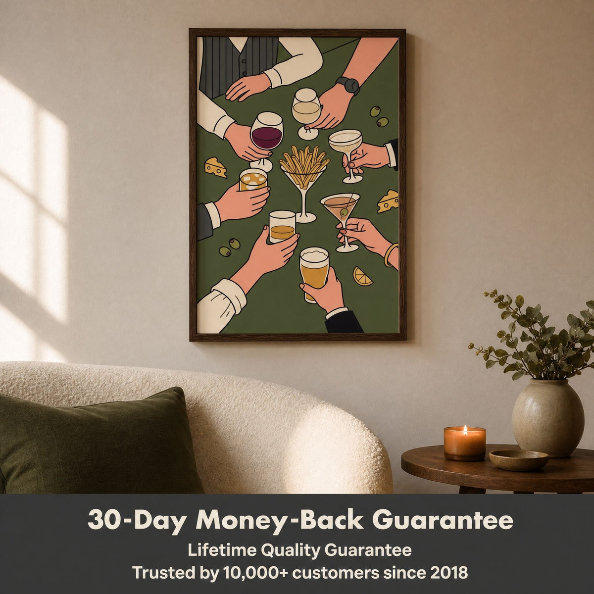 Cocktail wall art above a sofa, with a band reading thirty-day money-back guarantee