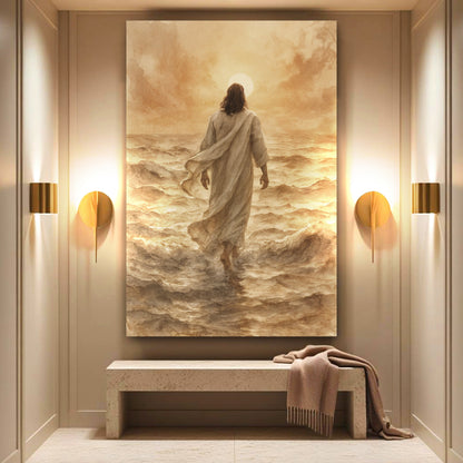 Jesus Walking Into Golden Waves Sepia canvas shown in a styled room setting, view 4