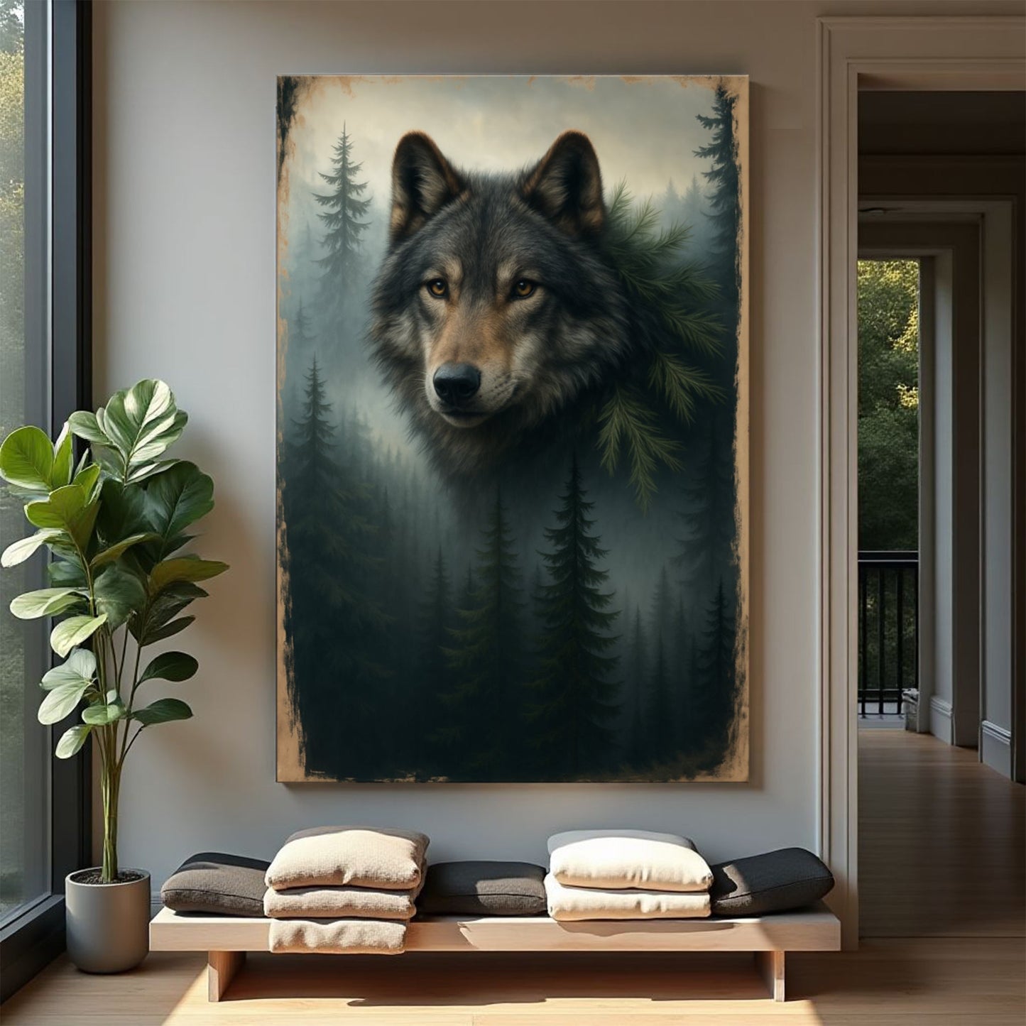 Wolf double exposure canvas wall art V, dramatic nature silhouette wolf portrait