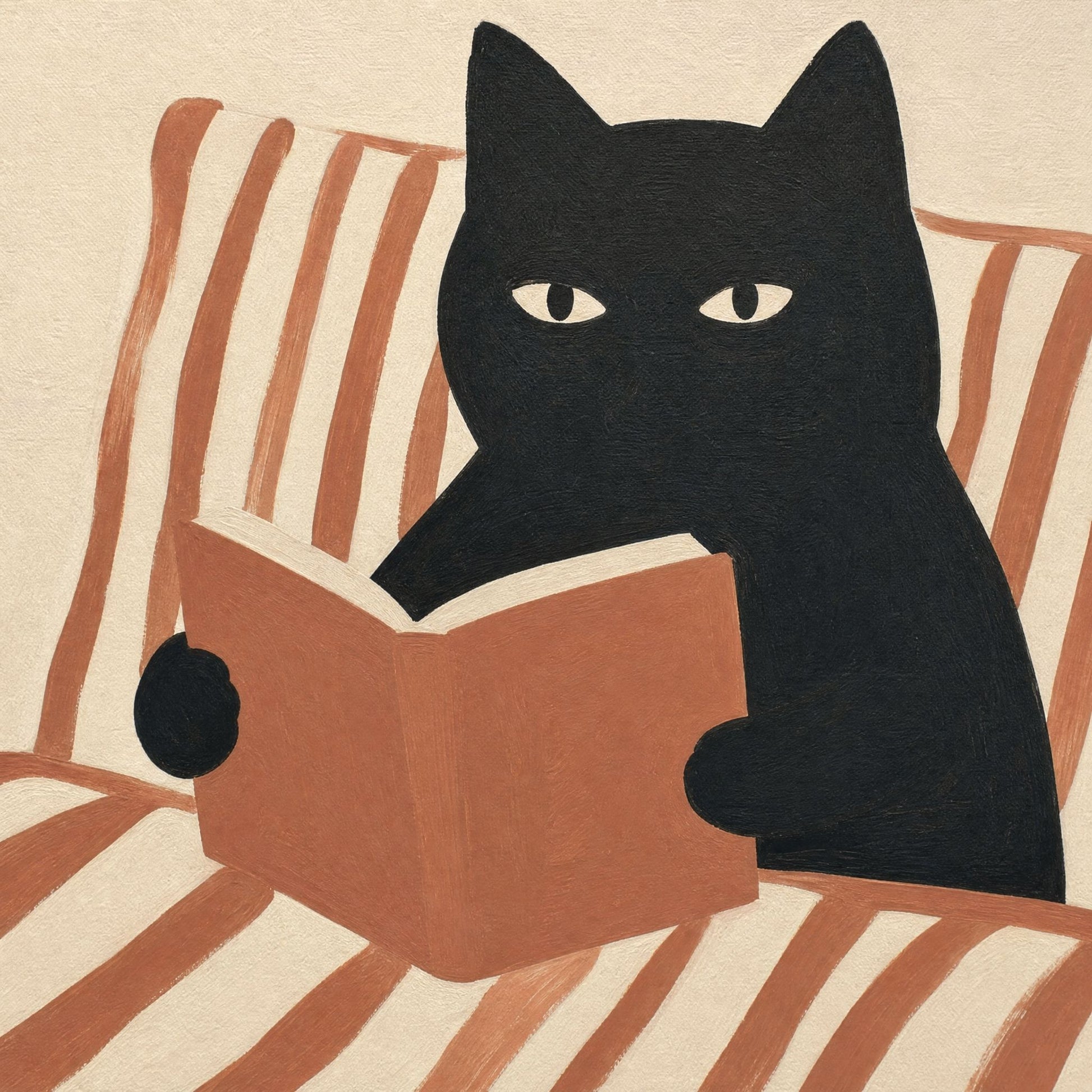 Close-up of the black cat and its open book, matte gouache brushwork on semi-glossy art paper