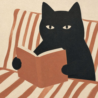 Close-up of the black cat and its open book, matte gouache brushwork on semi-glossy art paper