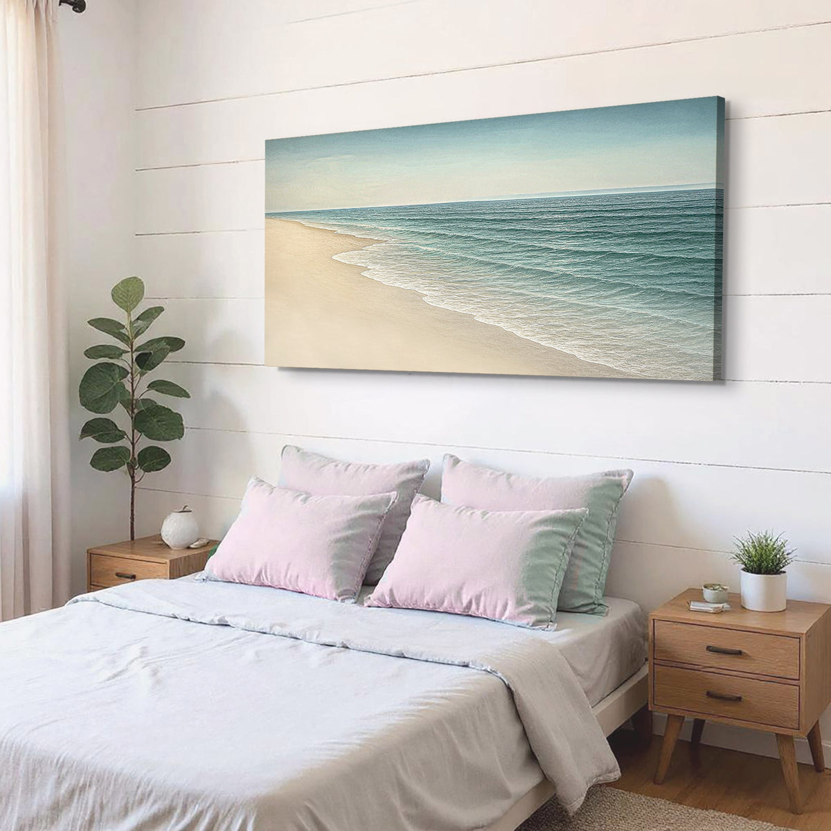 Teal Waves Rolling onto Sand canvas shown in a styled room setting, view 5