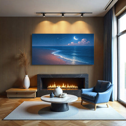 Crescent Moon Beach at Night canvas shown in a styled room setting, view 3