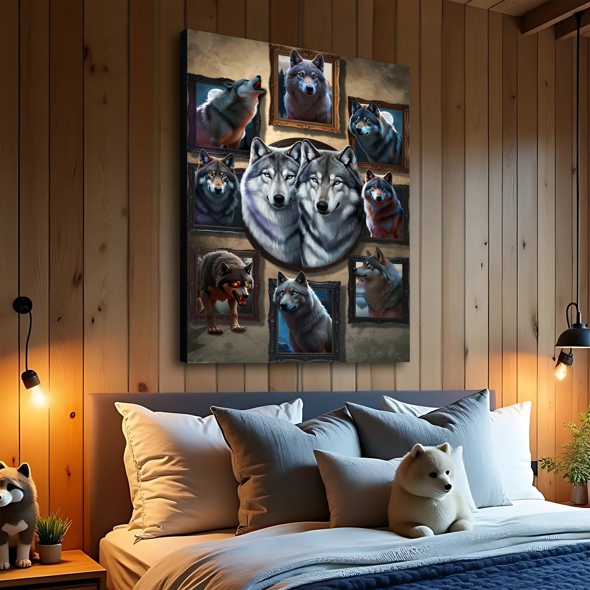3D wolf collage canvas wall art with layered design