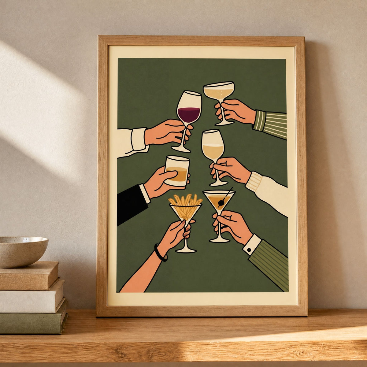 Retro cheers cocktail toast print hanging on a warm white wall in soft daylight
