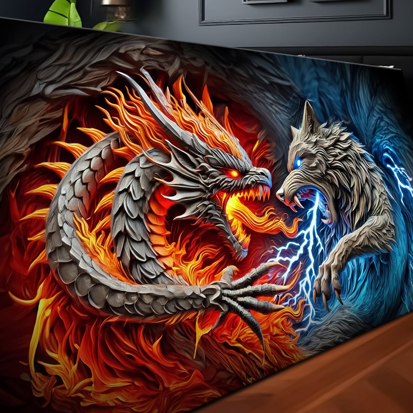 3D Dragon and Wolf Canvas Wall Art II