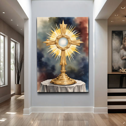 Holy Eucharist Golden Monstrance canvas shown in a styled room setting, view 3