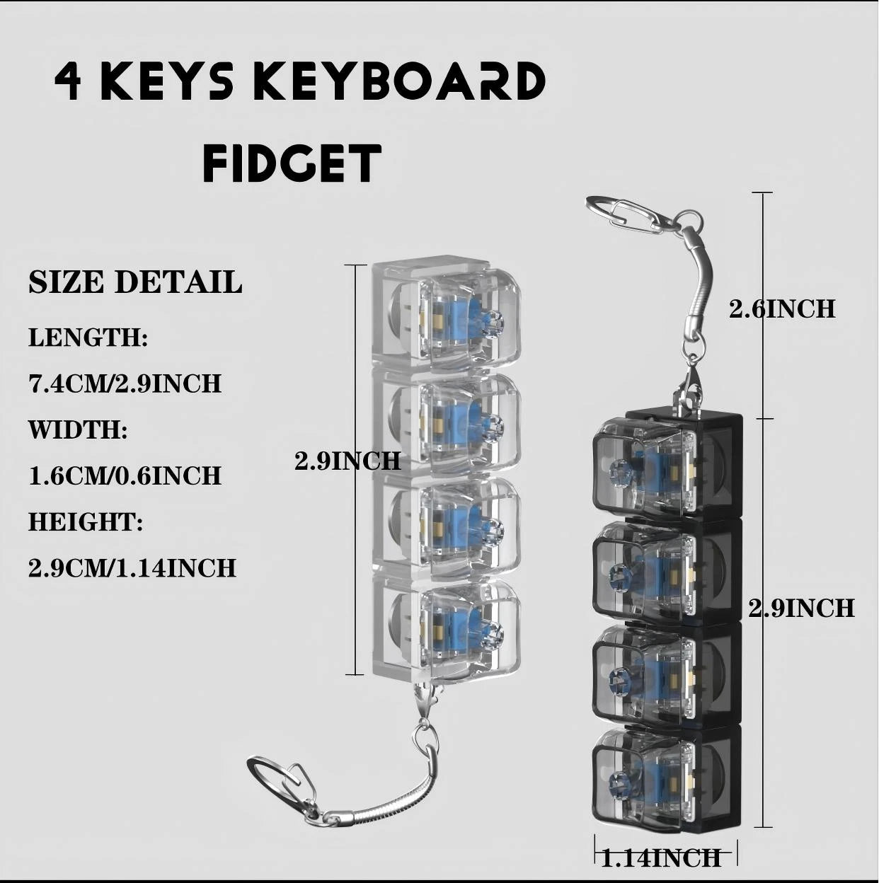 4 keys keyboard fidget with size details on a white background