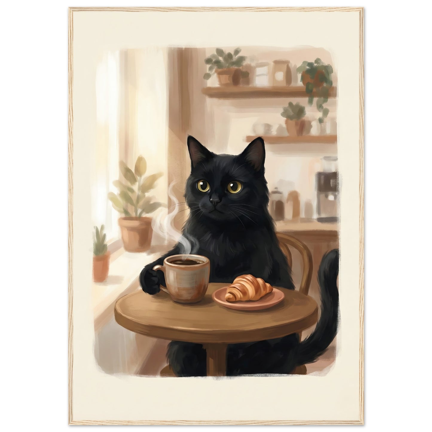 Illustration of a black cat sitting at a table with a cup and croissant, in a cozy room.