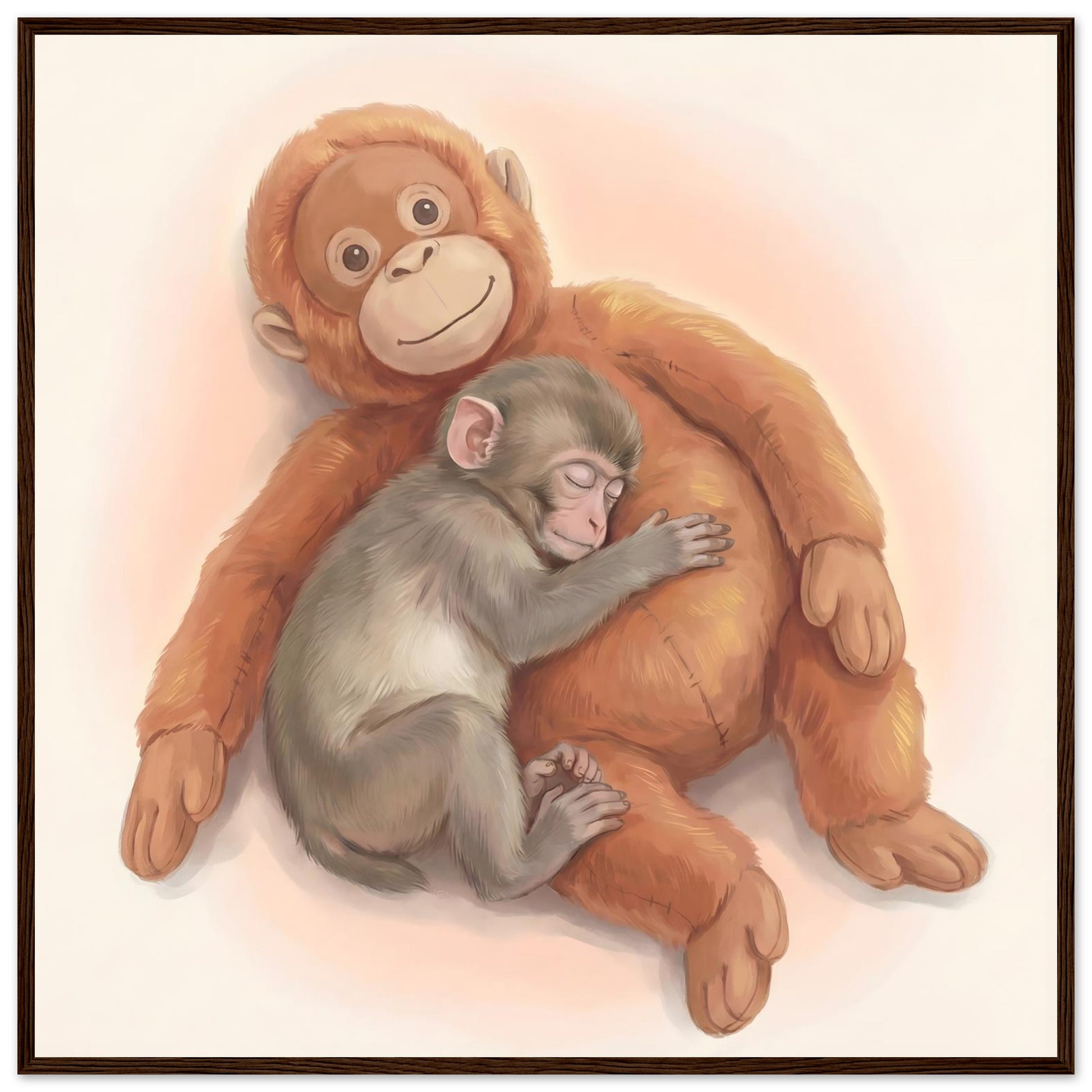 Baby Monkey Sleeping Nursery Art Print - 70x70 cm / 28x28″ - Dark wood frame / Ready-to-hang - Sparkycare