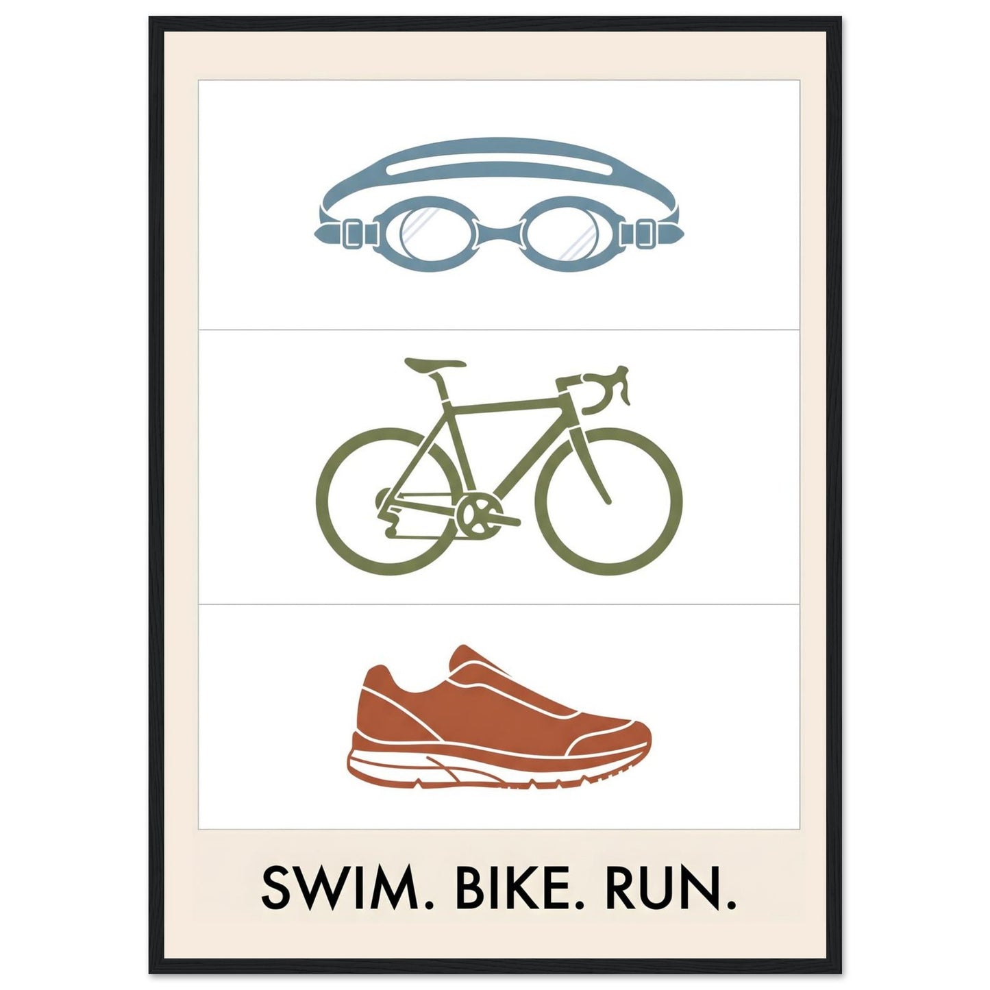 Swim Bike Run Poster: Minimalist Triathlon Icons Wall Art - 50x70 cm / 20x28″ - Black frame / Ready-to-hang - Sparkycare