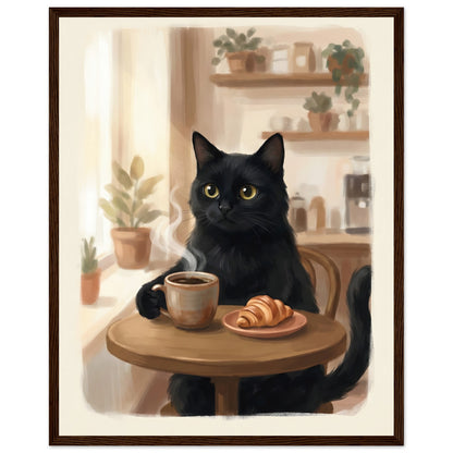 Cat Coffee Wall Art - The Cozy Morning Poster Your Kitchen Has Been Missing - 40x50 cm / 16x20″ - Dark wood frame / Ready-to-hang - Sparkycare