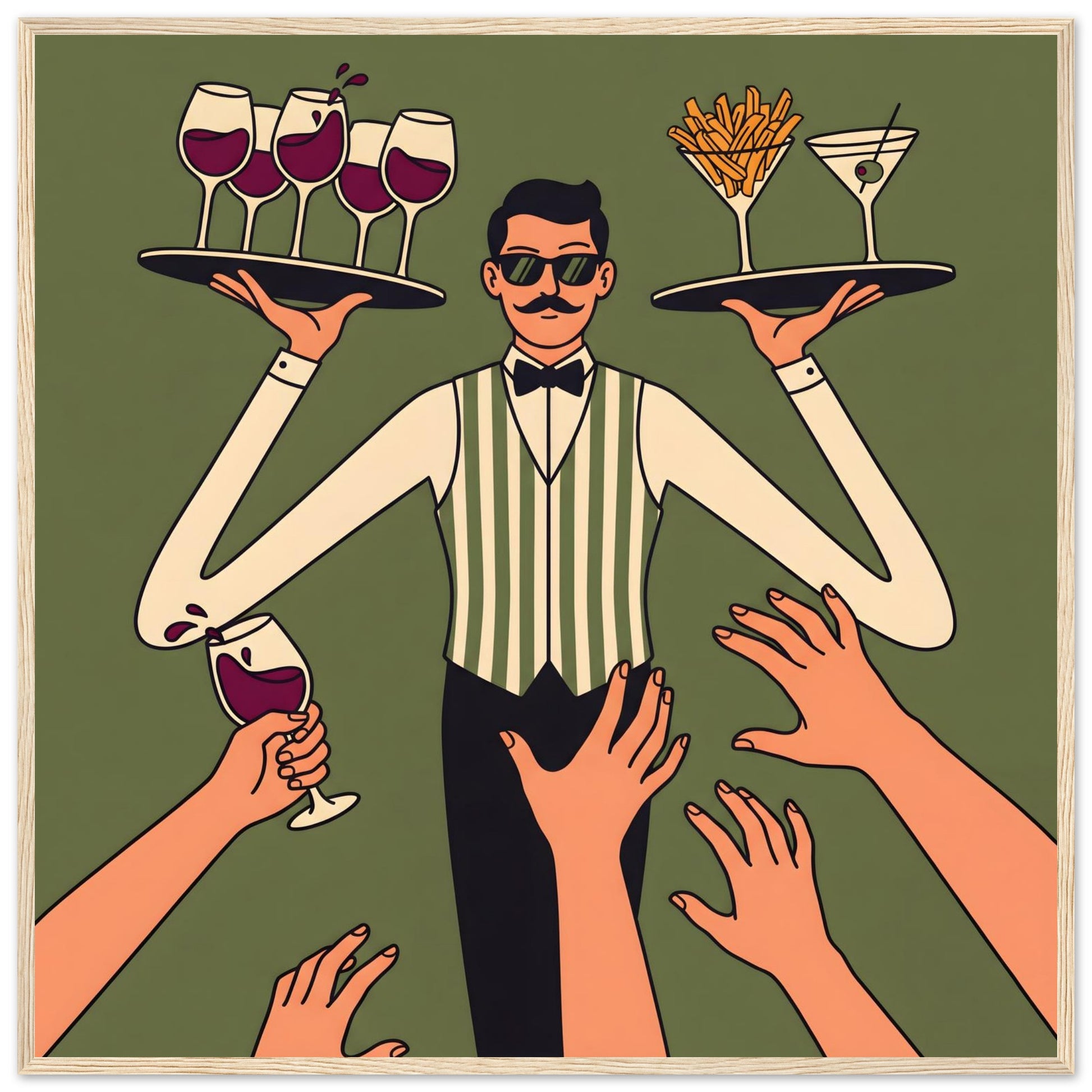 Retro Waiter Bar Art, Framed Server Wall Decor - 70x70 cm / 28x28″ - Wood frame / Ready-to-hang - Sparkycare
