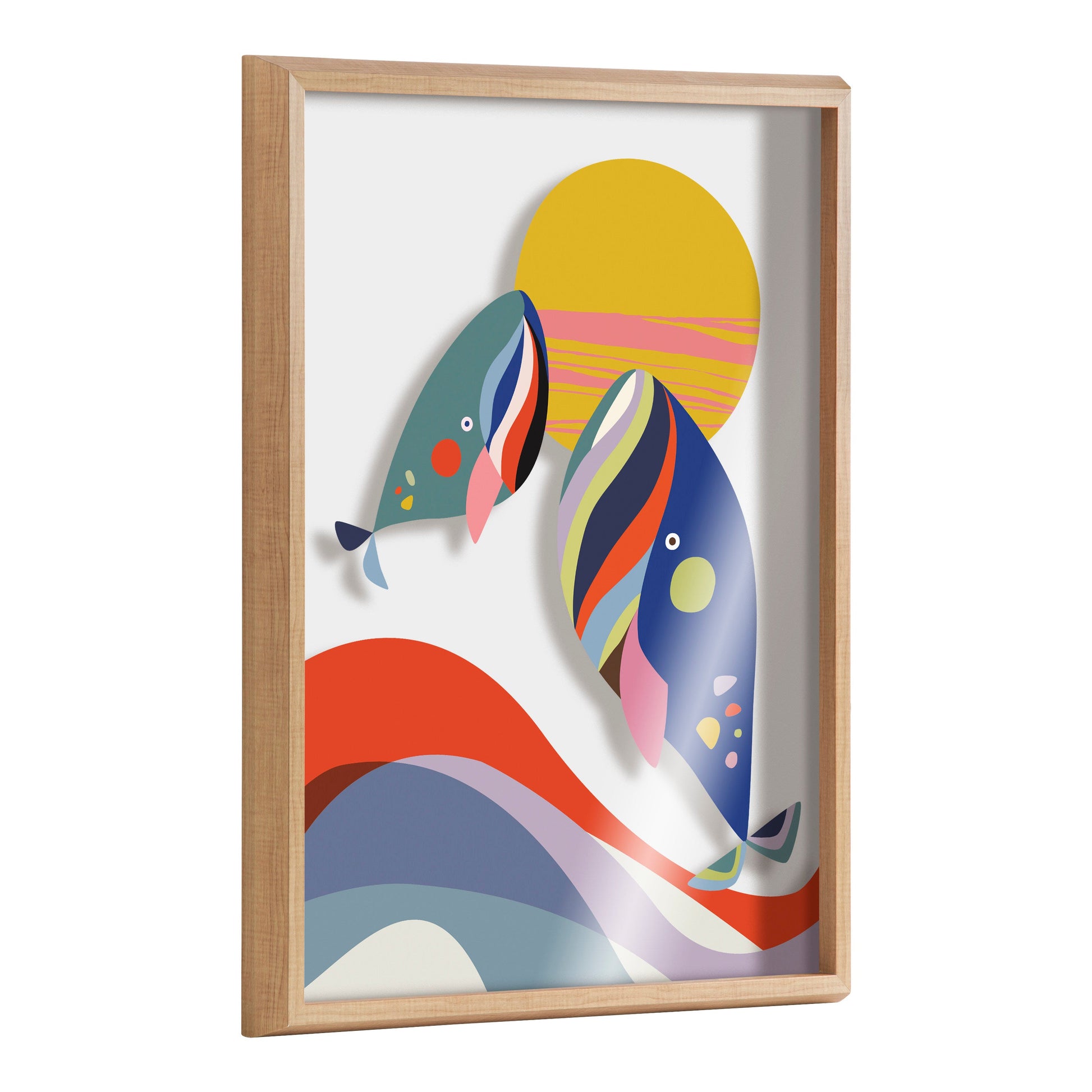 Modern colorful whales framed glass wall art, nautical decor