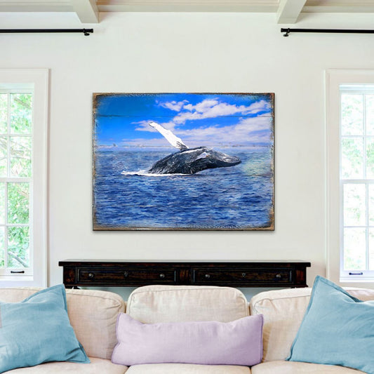 Handcrafted wood whale coastal sea-life wall art