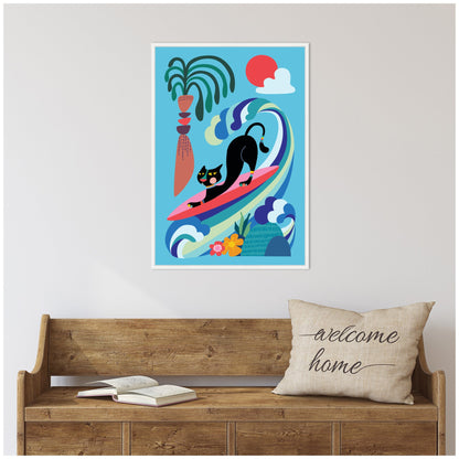 Whimsical Ocean Surf Cat Framed Canvas Wall Art
