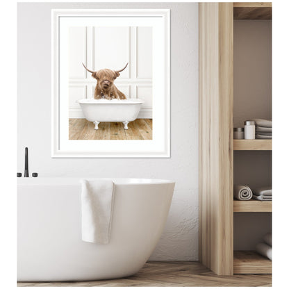 Highland Cow in Traditional Vintage Bathtub by Amy Peterson Framed Wall Art Print