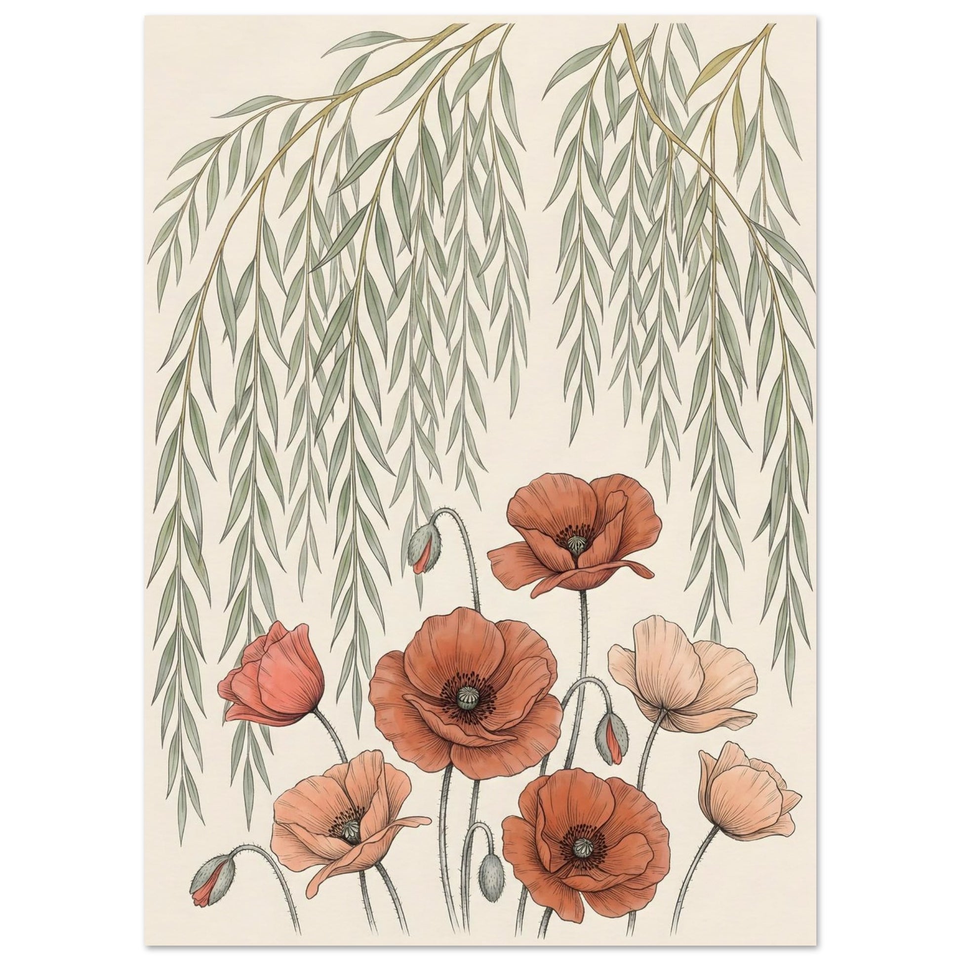 Willow Tree and Poppy Botanical 9th Anniversary Wall Art - 13x18 cm / 5x7″ / Museum-Quality Matte Paper Poster - Sparkycare