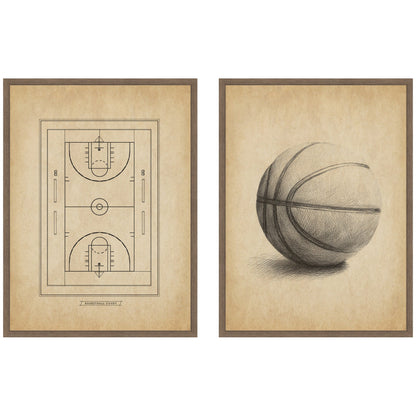Vintage basketball 2 piece framed canvas wall art set, easy to hang