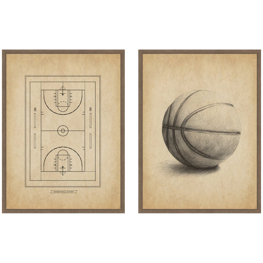 Vintage Basketball 2 Piece Framed Canvas Wall Art Set by The Creative Bunch Studio