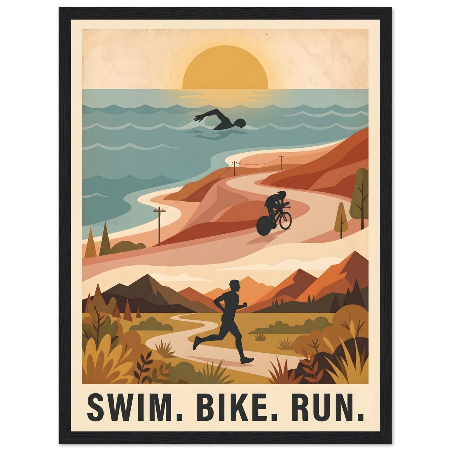 Triathlon Poster: Retro Swim Bike Run Framed Wall Art - 30x40 cm / 12x16″ - Black frame / Ready-to-hang - Sparkycare