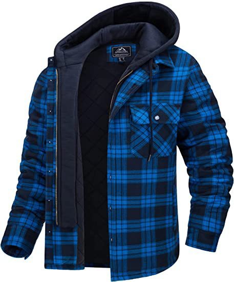 Blue plaid jacket with a hood on a white background