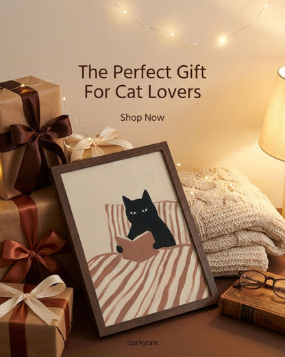 Cat Reading Poster - Framed Wall Art That Gets Cat Lovers and Book Lovers - 20x25 cm / 8x10″ - White frame / Ready-to-hang - Sparkycare