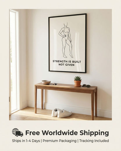 Framed artwork on a wall above a wooden console table with decor items.