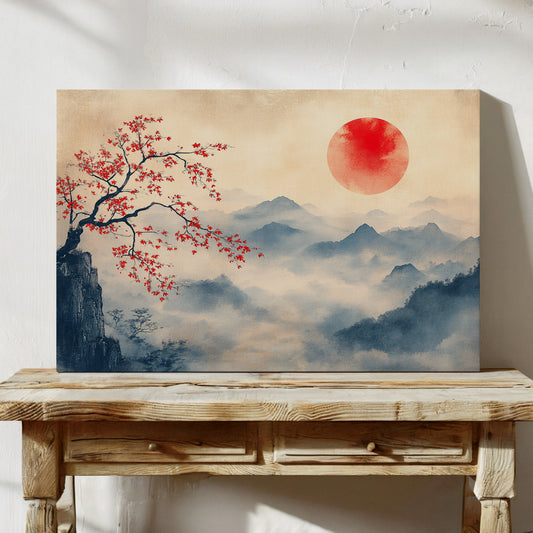 Japanese red sun and misty mountain ink wash giclee wall art print