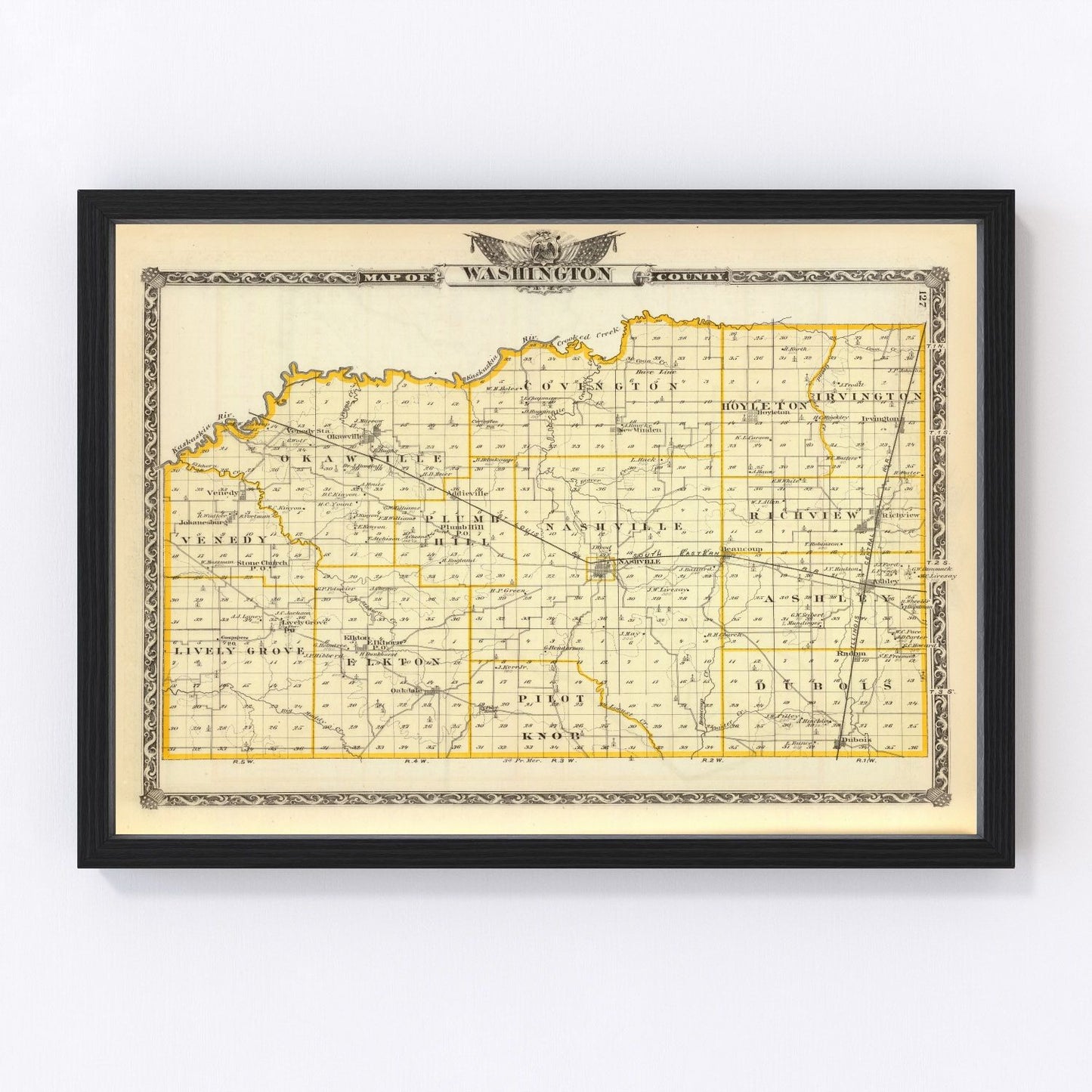 Vintage map of Washington County, Illinois, 1876, showing townships and agricultural communities