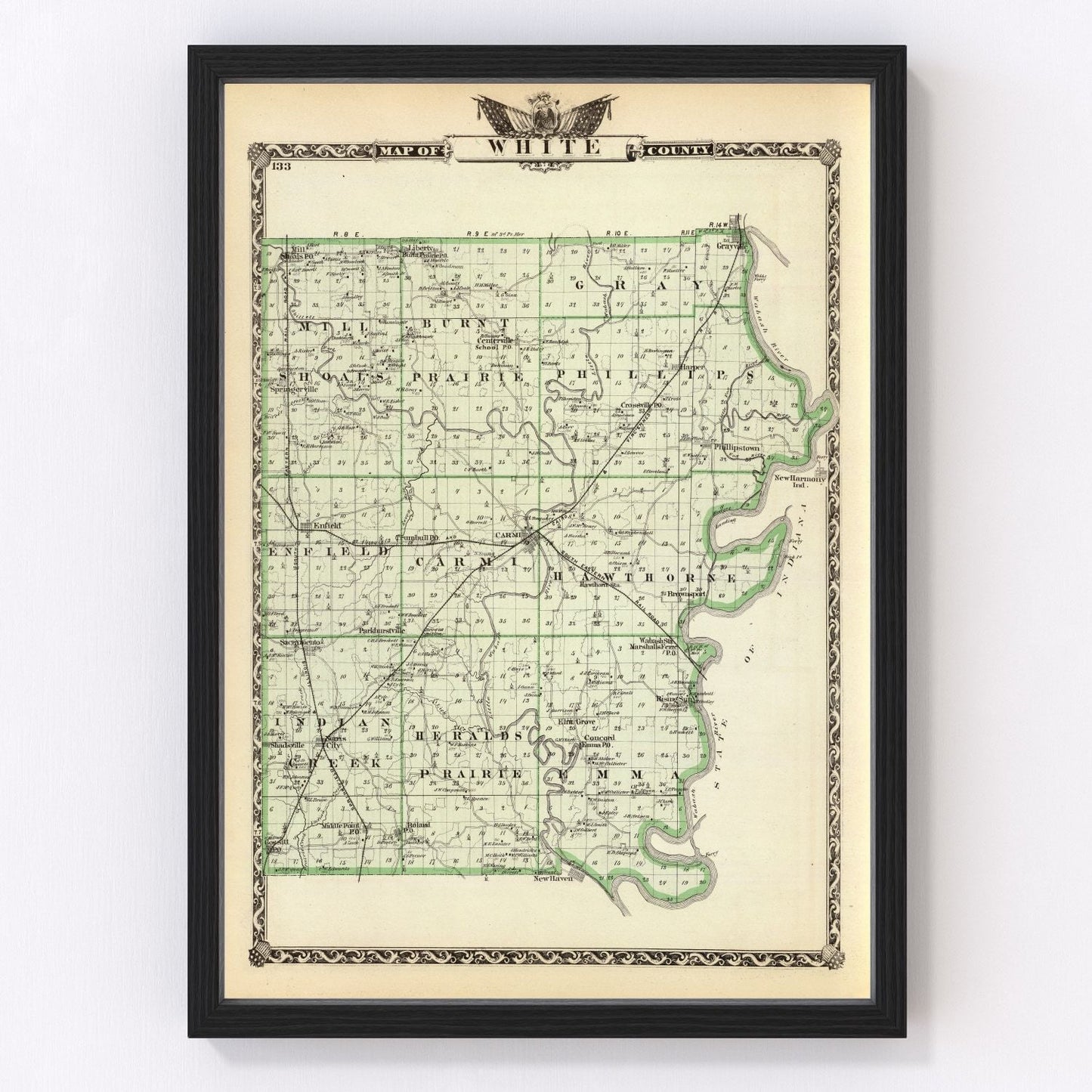 Vintage map of White County, Illinois, 1876 - Carmi area restored print