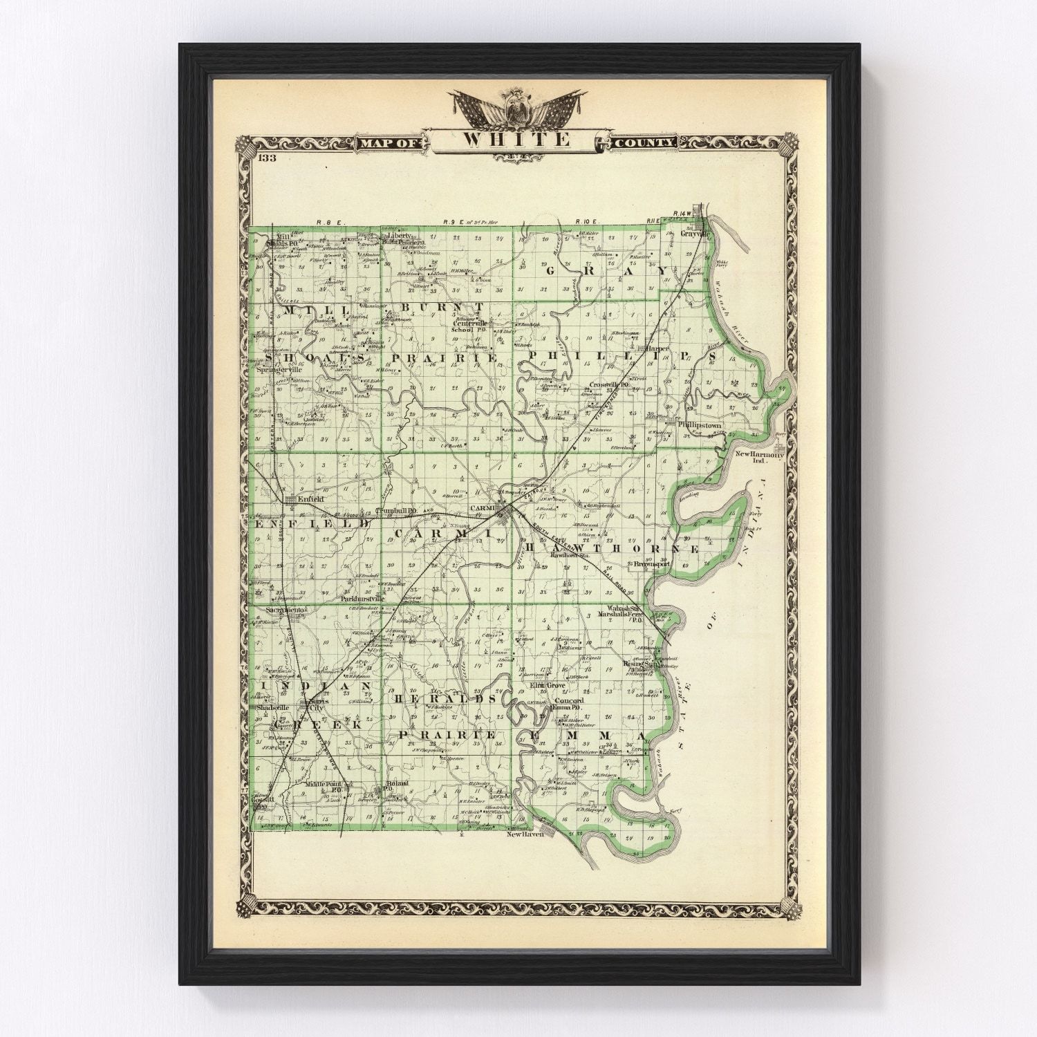 Vintage map of White County, Illinois, 1876 - Carmi area restored print