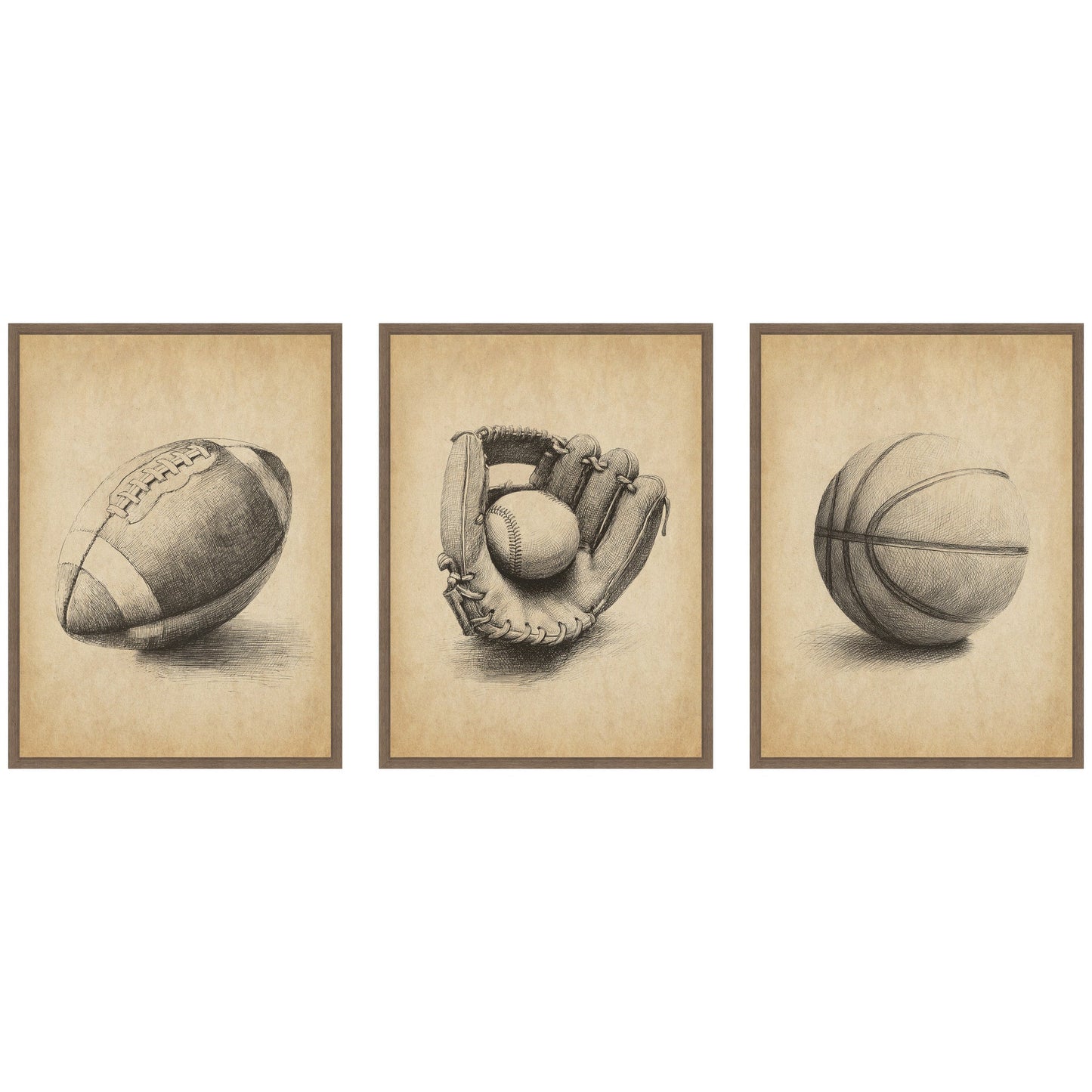Vintage antique football 3 piece framed canvas wall art set in walnut frame, easy to hang