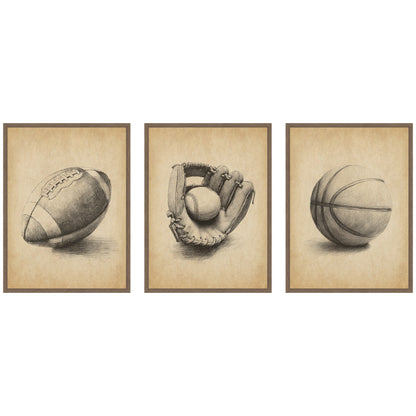 Vintage antique football 3 piece framed canvas wall art set in walnut frame, easy to hang