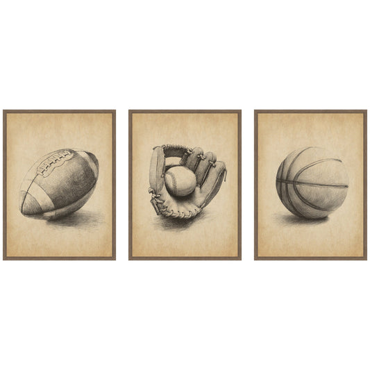 Walnut Antique Football 3 Piece Framed Canvas Wall Art Set by The Creative Bunch Studio