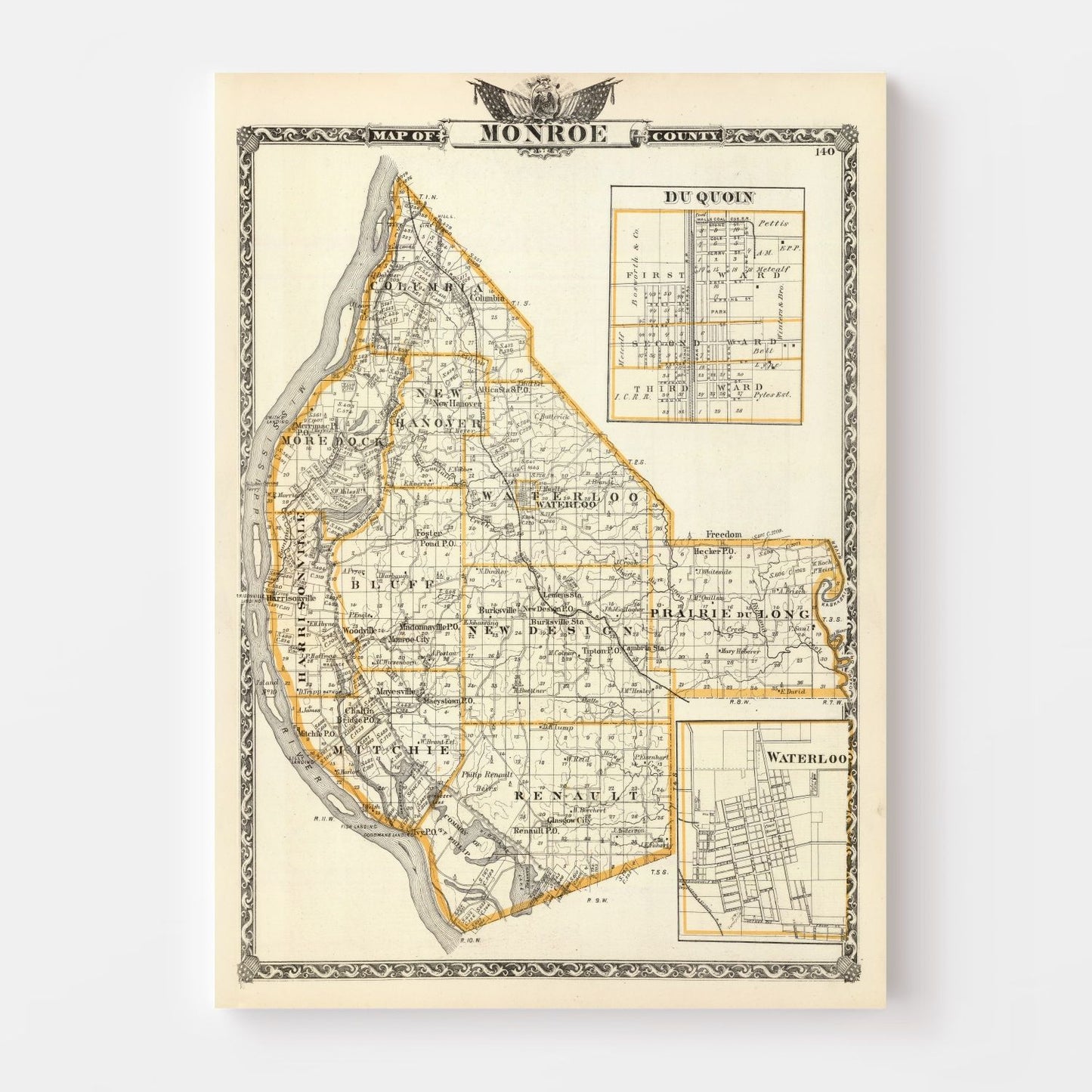 Vintage Map of Monroe County, Illinois, 1876
