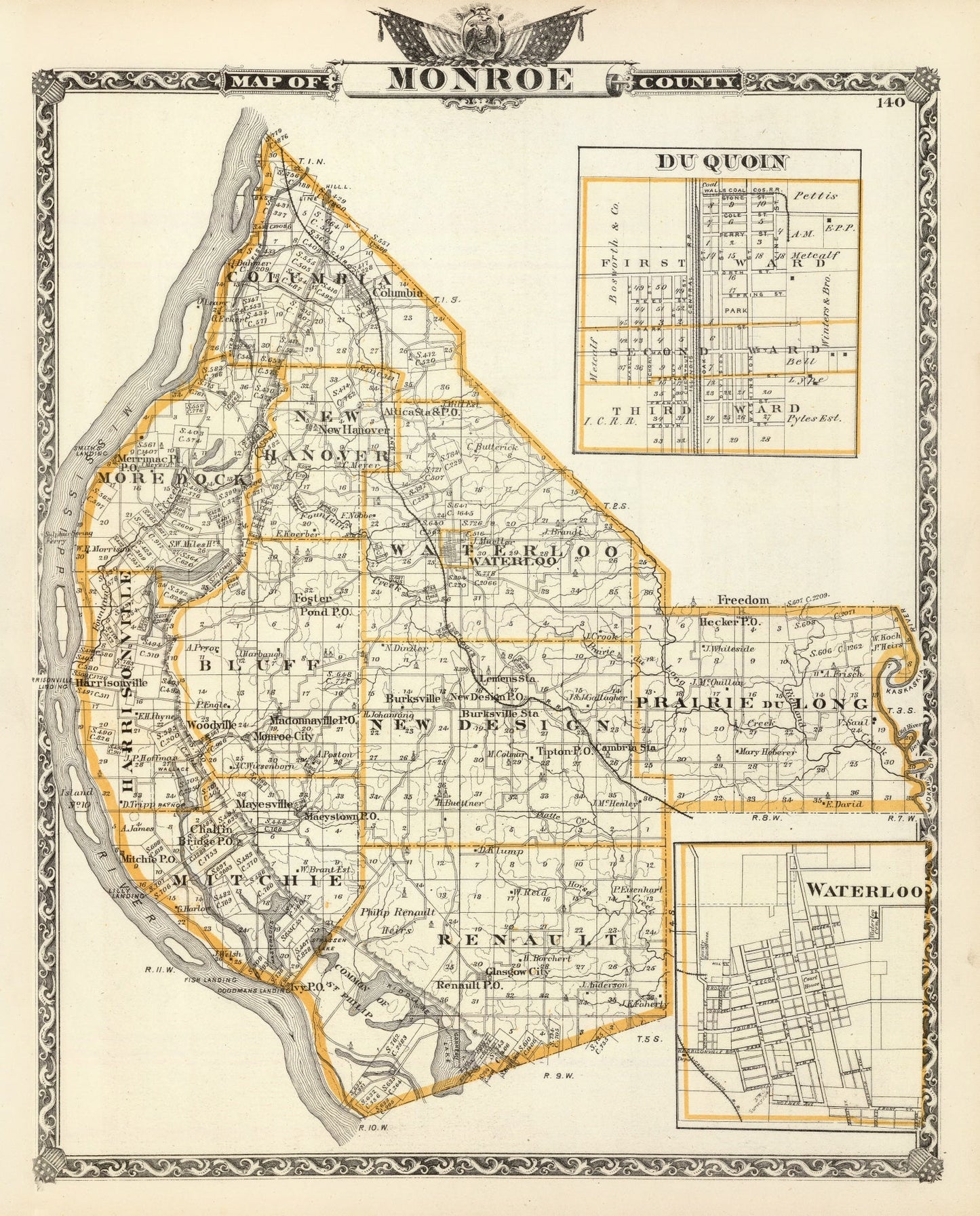 Vintage Map of Monroe County, Illinois, 1876