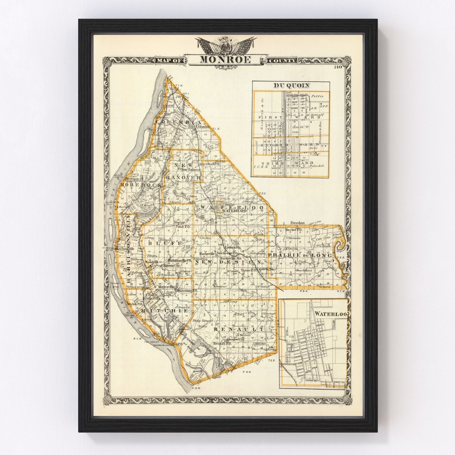 Vintage map of Monroe County, Illinois, 1876