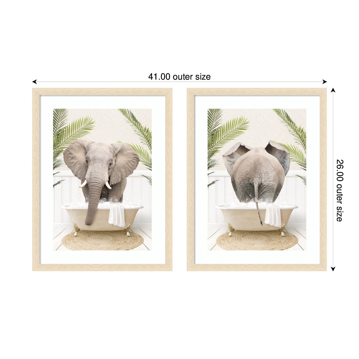 Elephant in Palm Bathtub 2 Piece Framed Wall Art Set