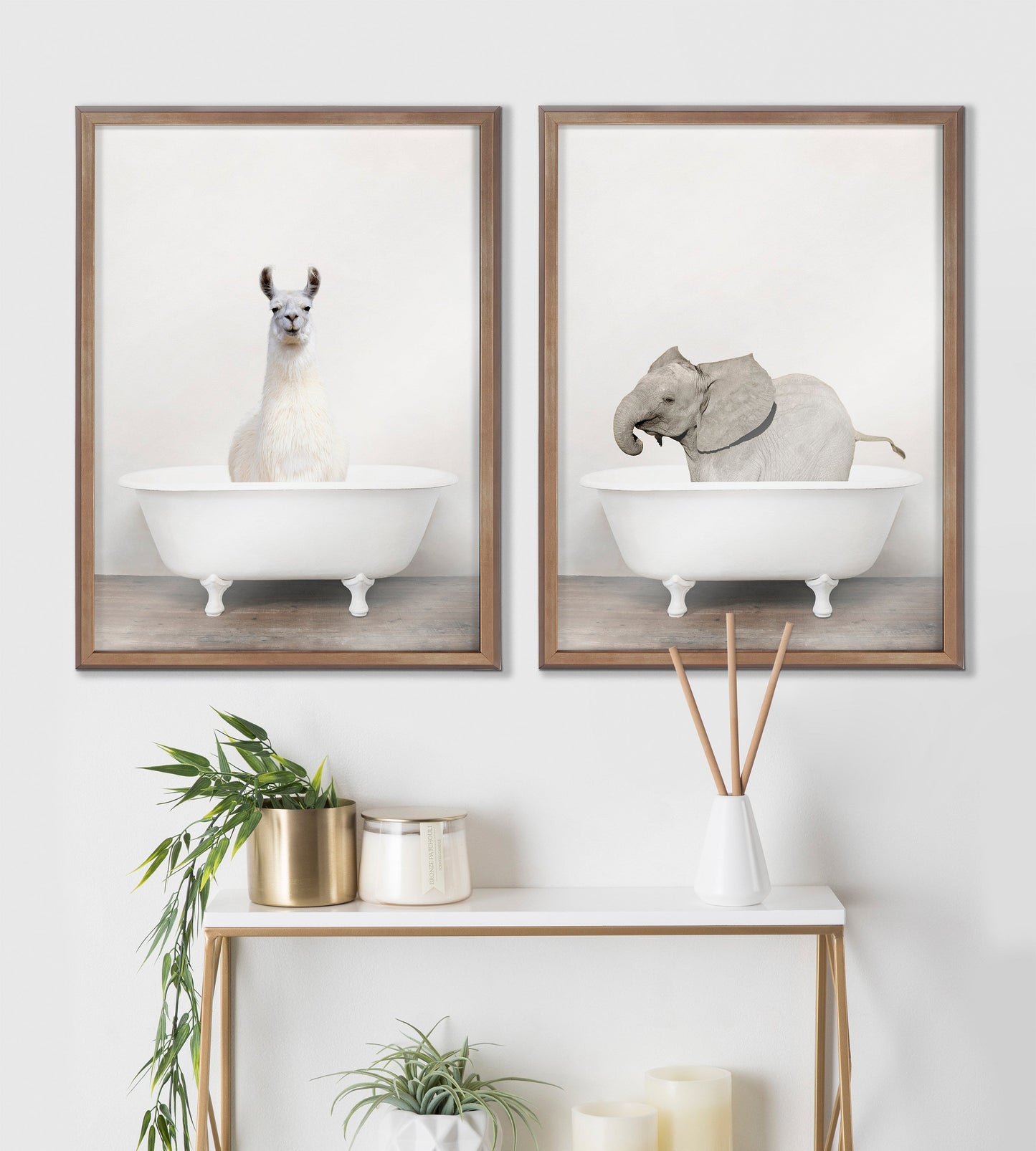 Baby Elephant in the Tub Framed Glass Wall Art