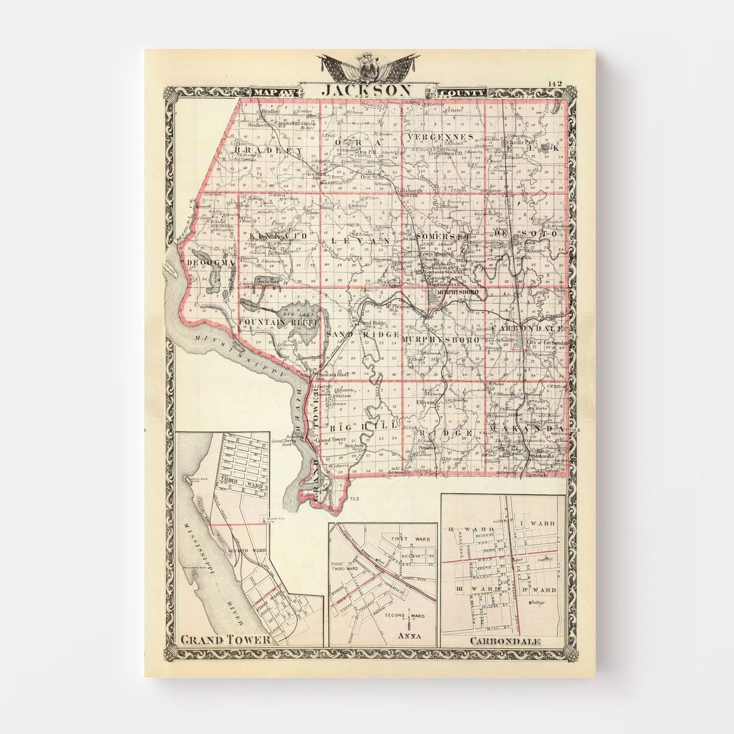 Vintage Map of Jackson County, Illinois, 1876