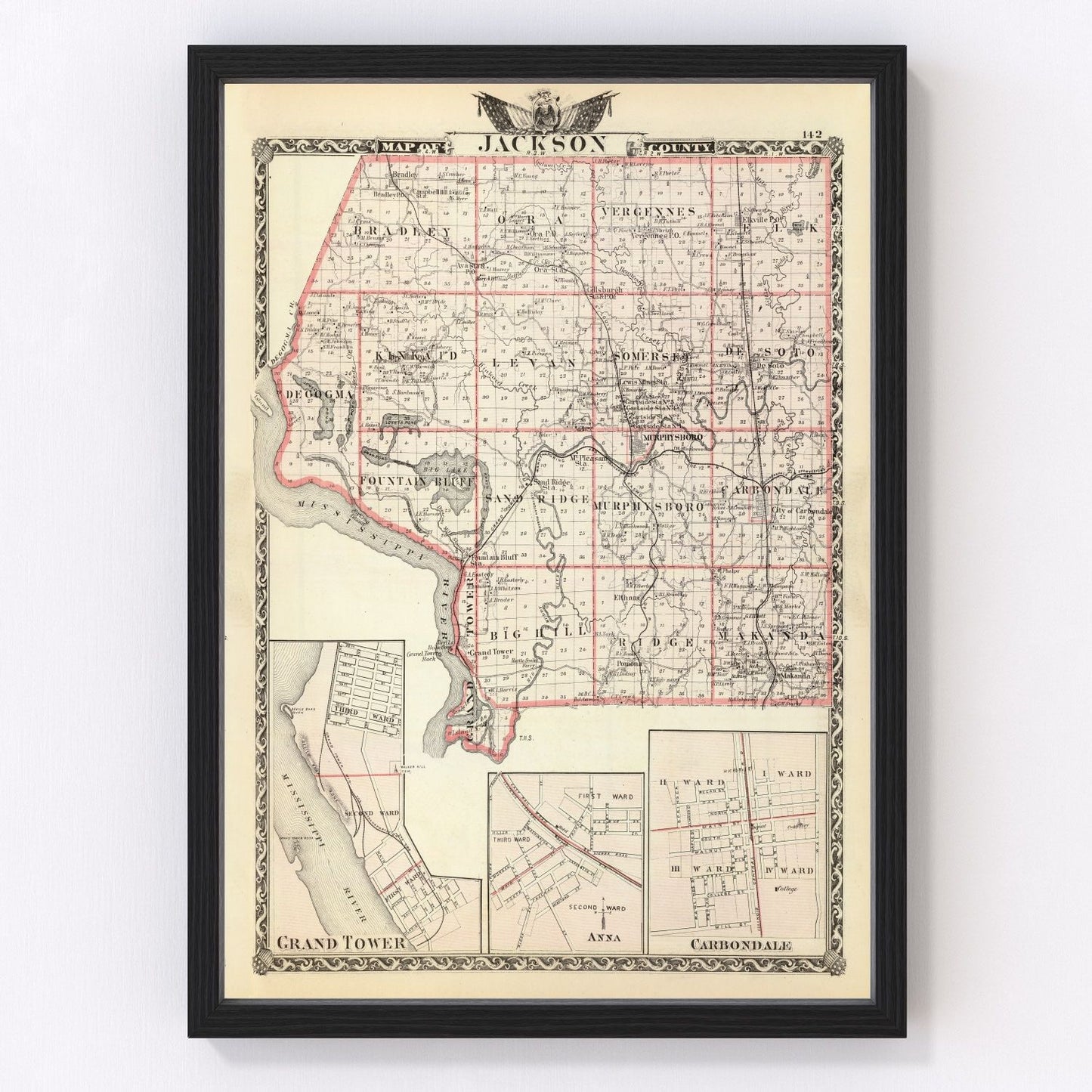 Vintage map of Jackson County, Illinois, 1876