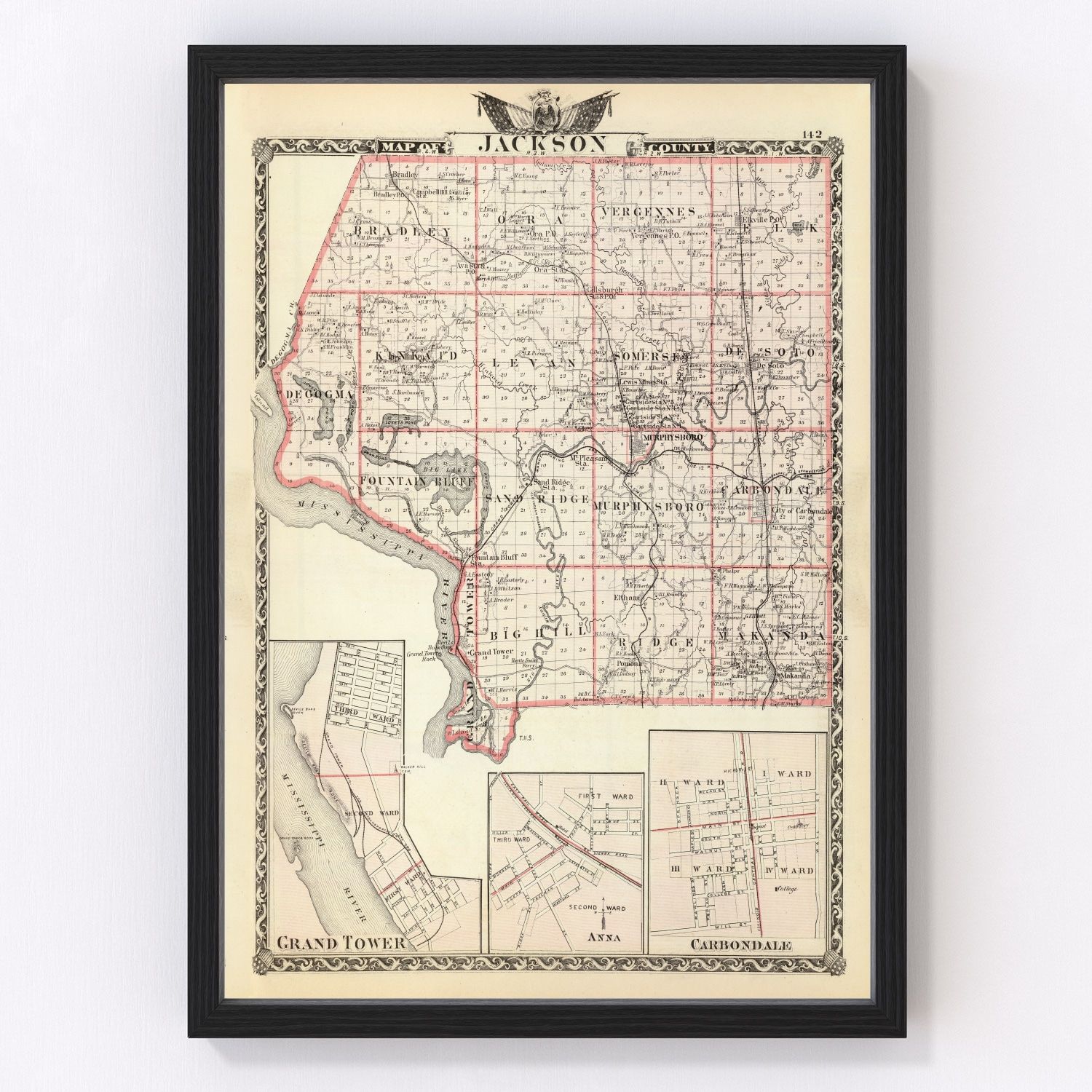 Vintage map of Jackson County, Illinois, 1876
