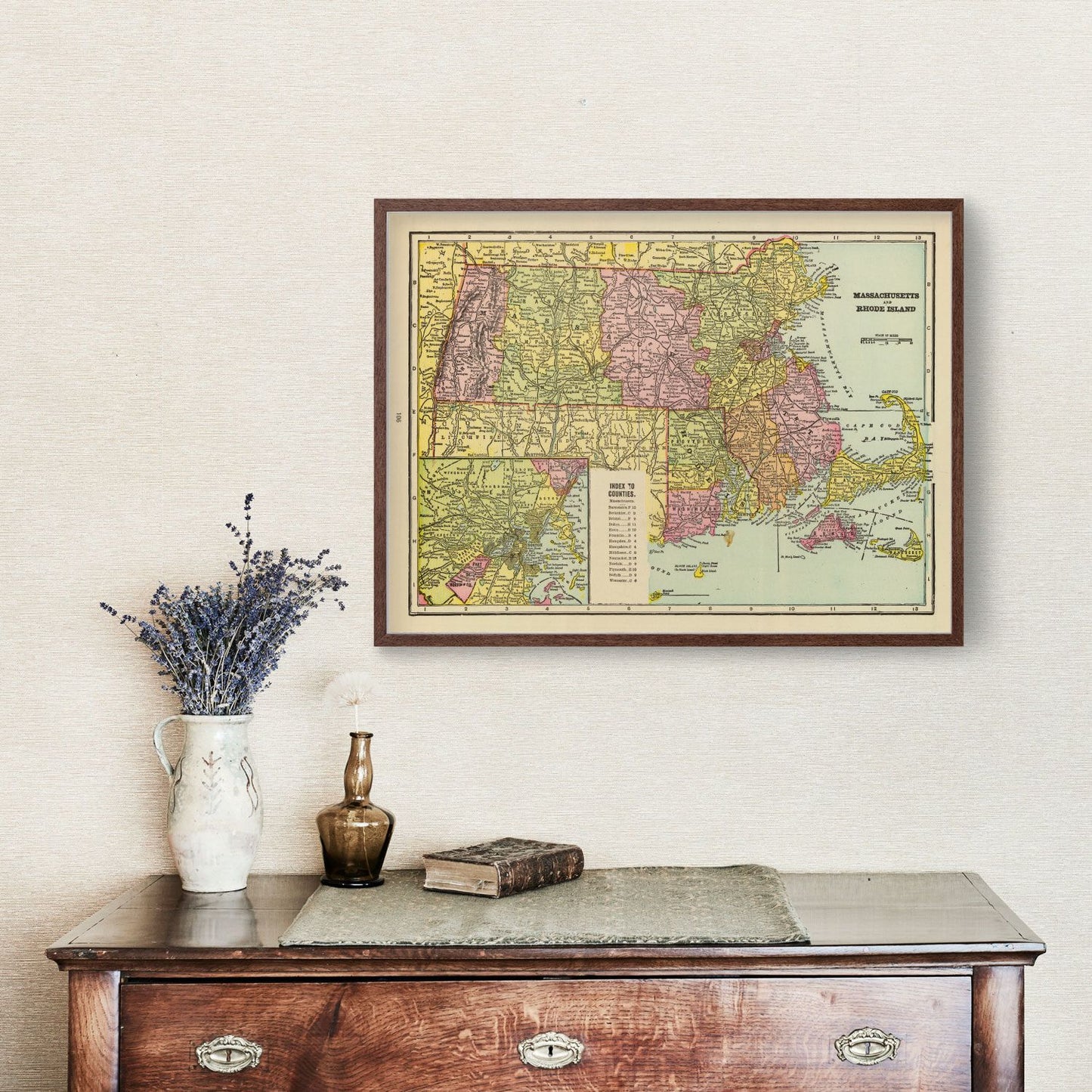 Vintage Map of Massachusetts and Rhode Island, 1909