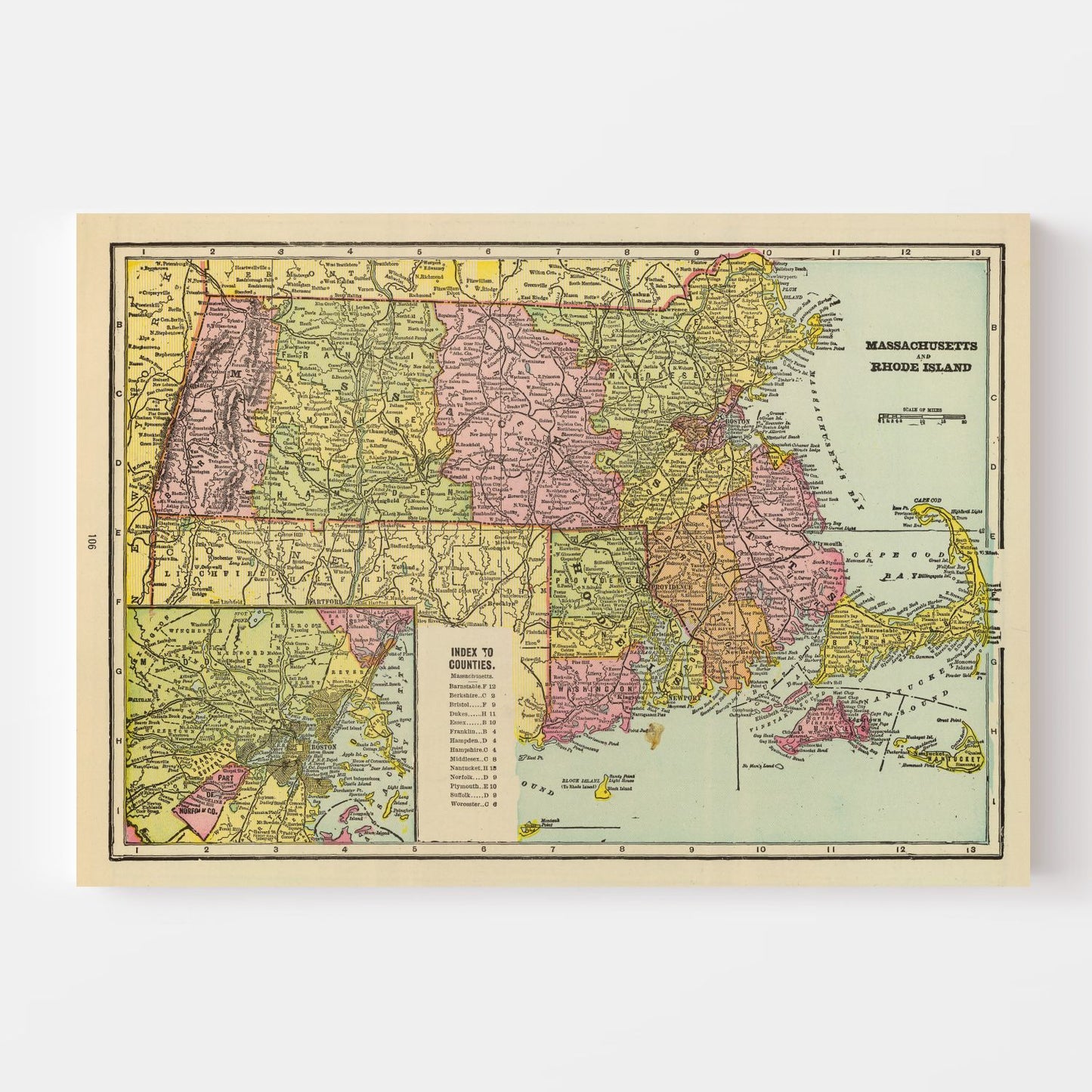 Vintage Map of Massachusetts and Rhode Island, 1909