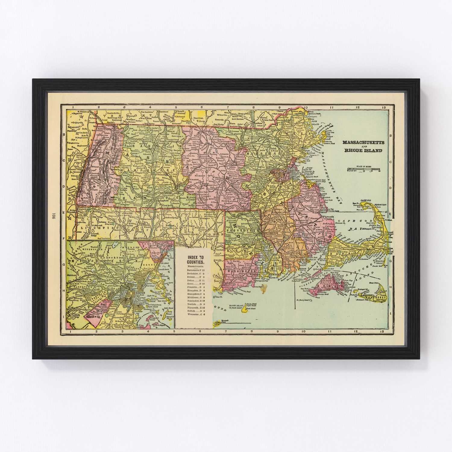 Vintage map of Massachusetts and Rhode Island, 1909