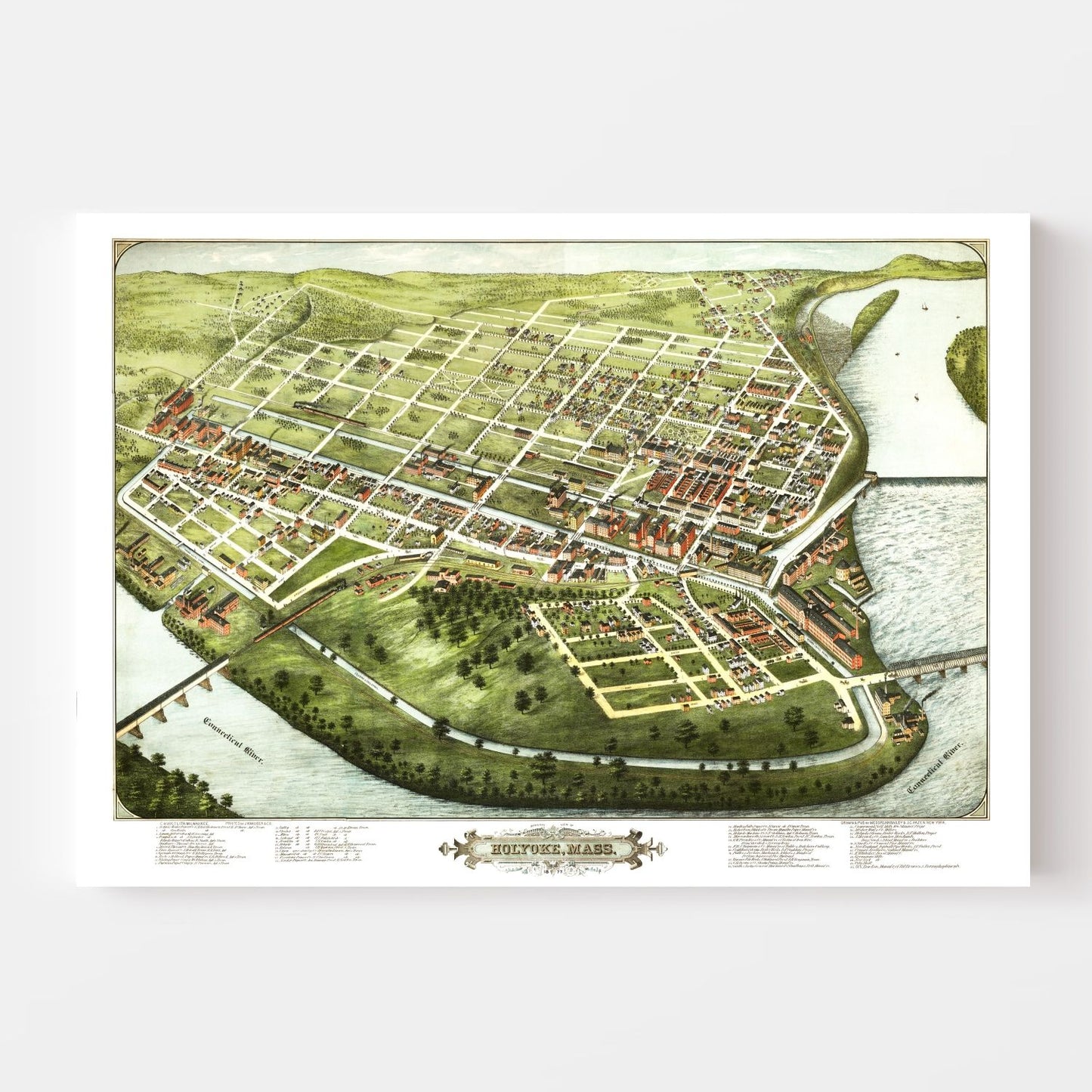 Vintage Map of Holyoke, Hampden County, Massachusetts, 1877