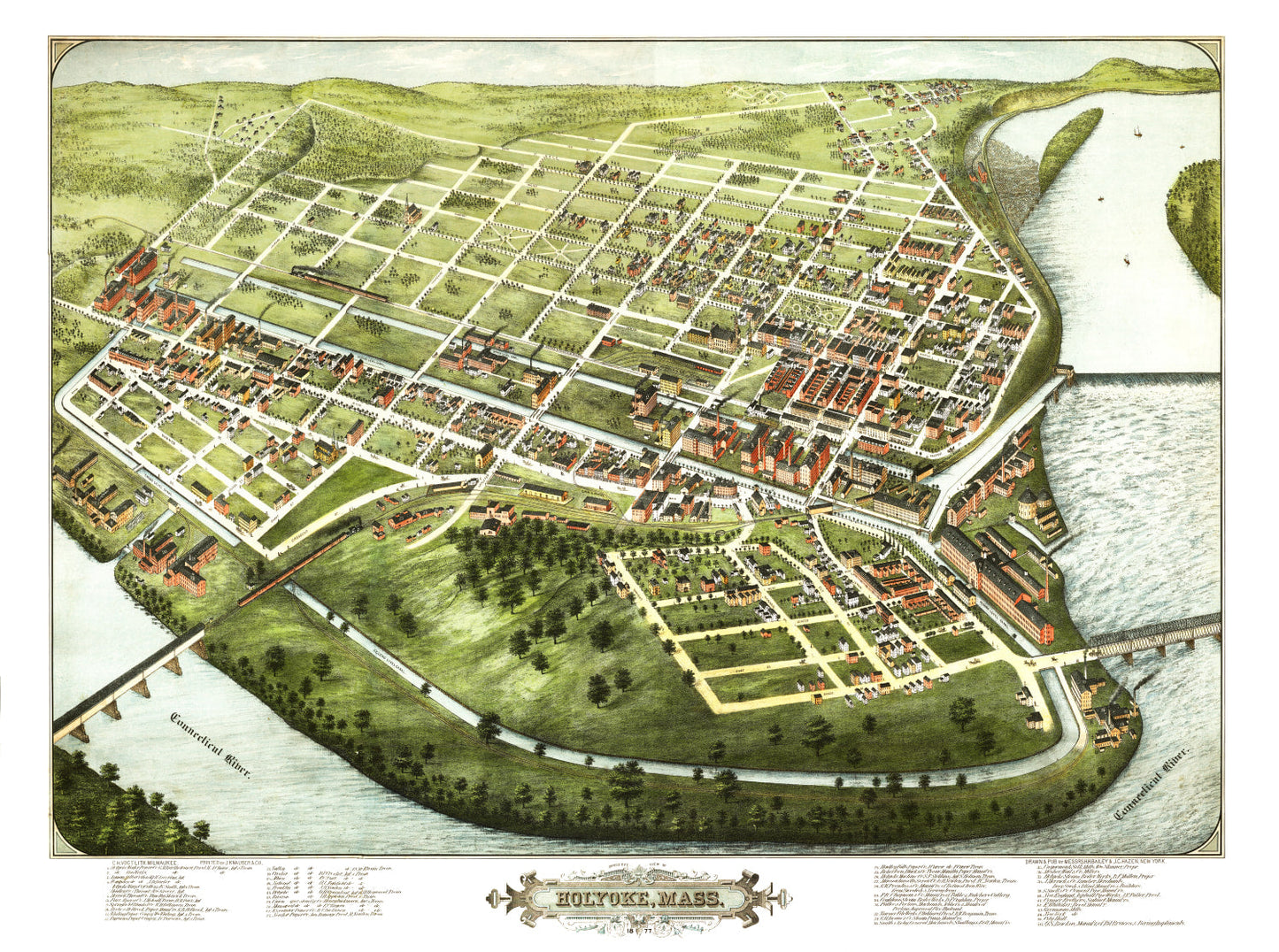 Vintage Map of Holyoke, Hampden County, Massachusetts, 1877