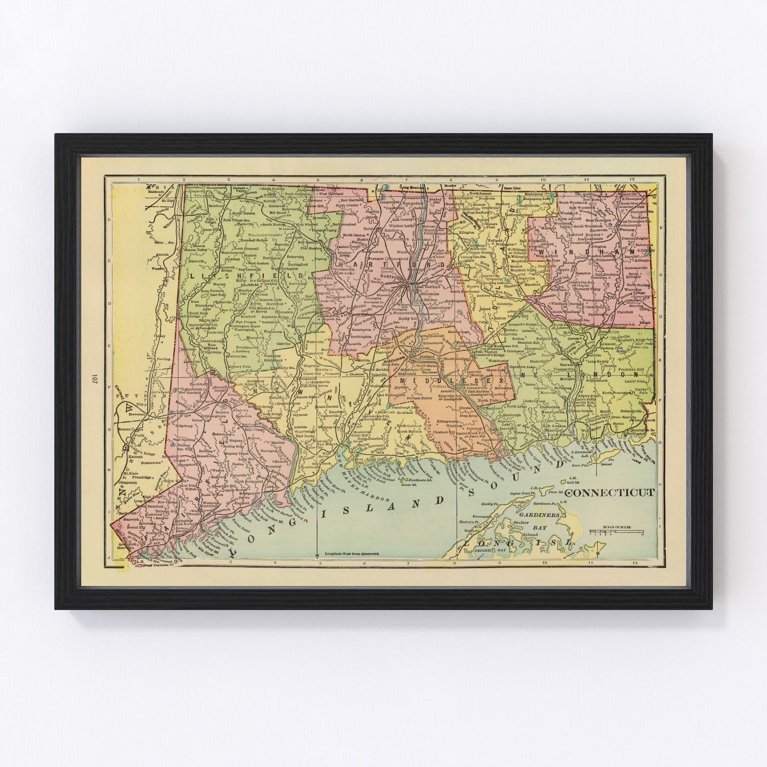 Vintage map of Connecticut, 1909